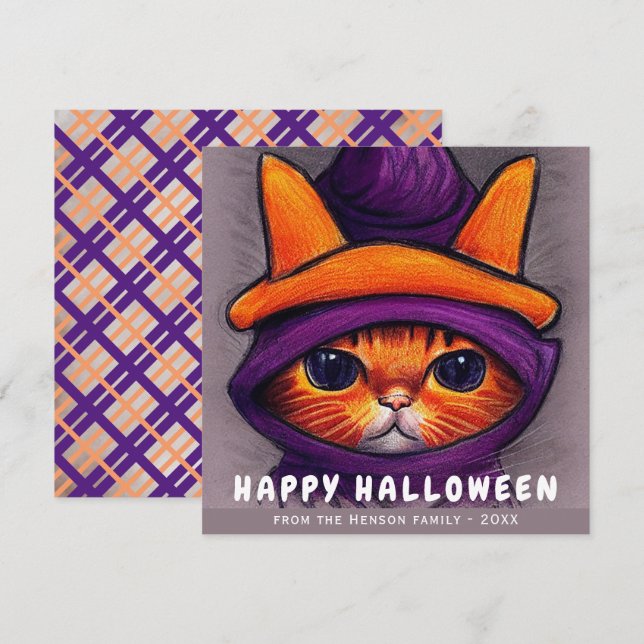 Orange Katt med Lila Witch Hat Happy halloween Julkort (Fram/baksida)