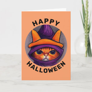 Orange Katt med Lila Witch Hat Happy halloween Kort