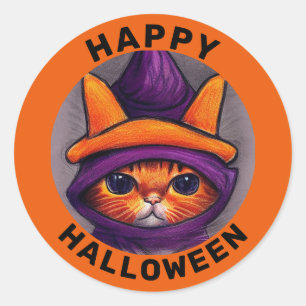 Orange Katt med Lila Witch Hat Happy halloween Runt Klistermärke