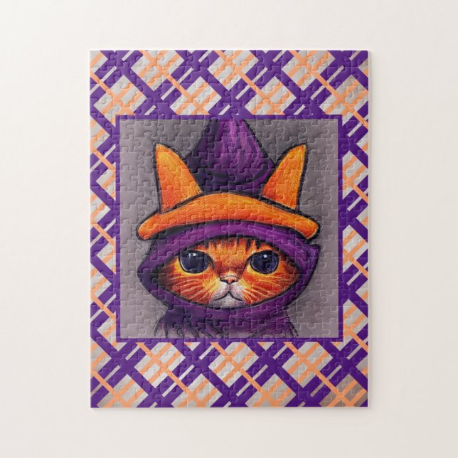 Orange Katt med Lila Witch Hat Teckning Pussel (Vertikal)