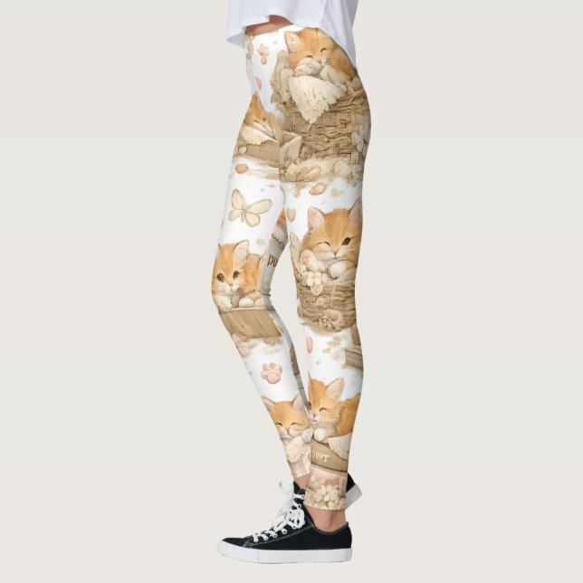 Orange Katt Mönster Leggings (Vänster)