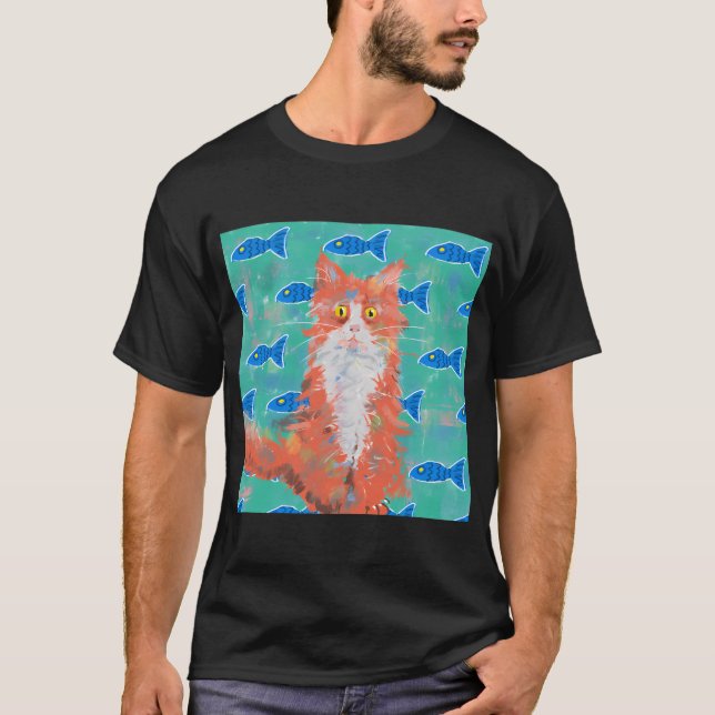 Orange katt och blå fisk t shirt (Framsida)