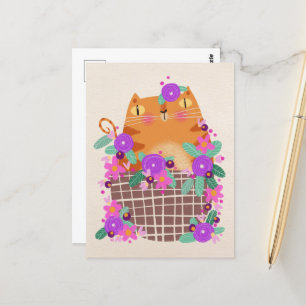 Orange, katt och blommor vykort
