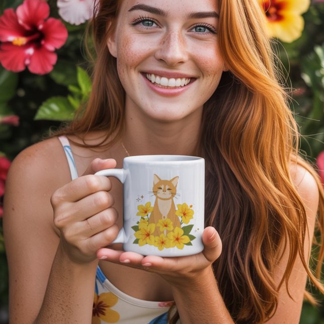 Orange Katt, omgiven av Gult Hibiscus Flowers Kaffemugg (Skapare uppladdad)
