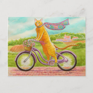 Orange Katt på en Lila cykel Vykort