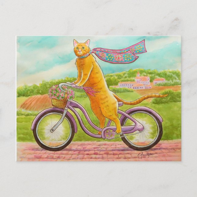 Orange Katt på en Lila cykel Vykort (Framsida)