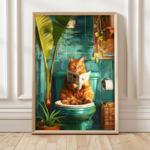 Orange katt på toalett Badrumstryck Toaletts vägg Poster
