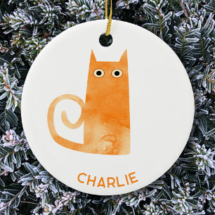 Orange Katt-Personlig Julgransprydnad Keramik