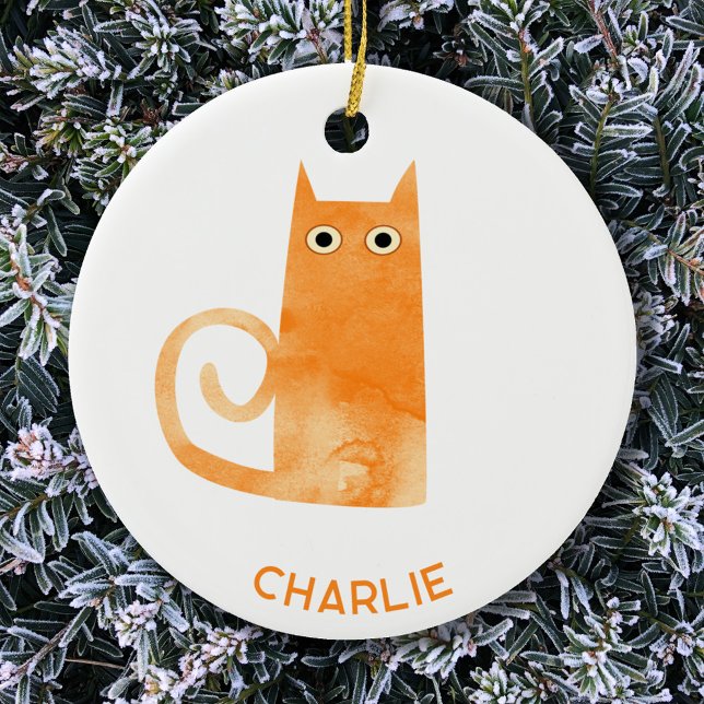 Orange Katt-Personlig Julgransprydnad Keramik (Fun watercolor Orange Ginger Cat personalized ceramic ornament)