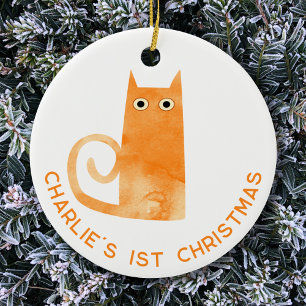 Orange Katt Personlig vid första jul Julgransprydnad Keramik