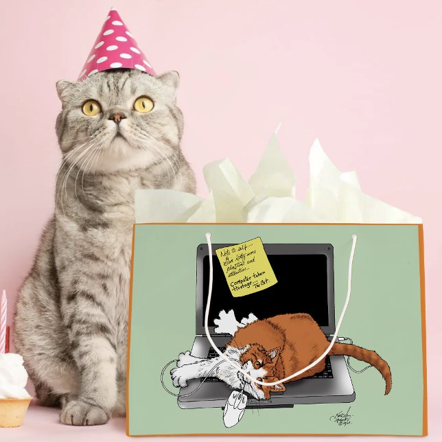 Orange Katt Rolig Bärbar Dator Grön Arbete Hemma (Skapare uppladdad)