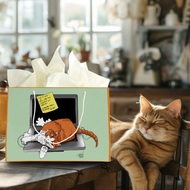Orange Katt Rolig Bärbar Dator Grön Arbete Hemma (Skapare uppladdad)