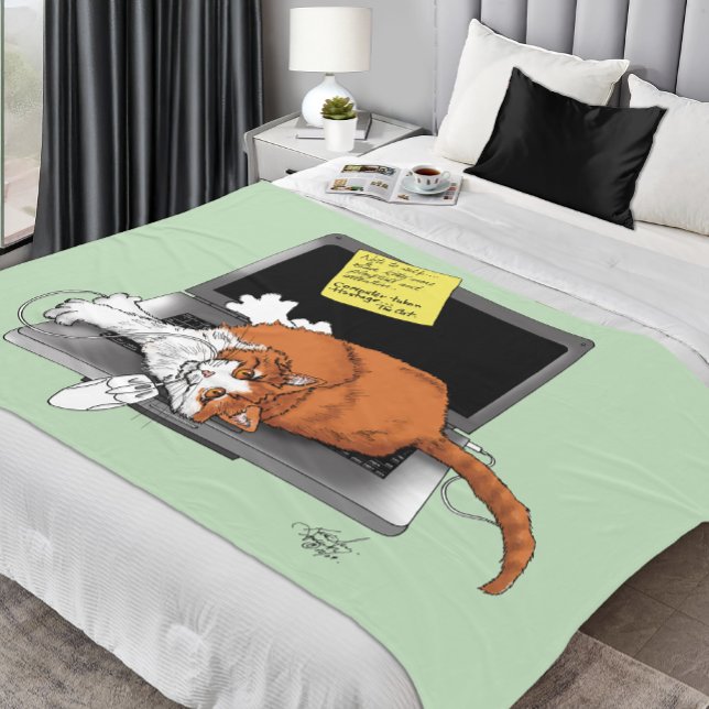 Orange Katt Rolig Bärbar Dator Grön Arbete Hemma Fleecefilt (Skapare uppladdad)