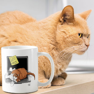 Orange Katt Rolig Bärbar Dator Grön Arbete Hemma Kaffemugg