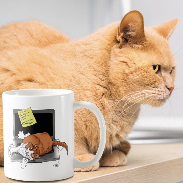 Orange Katt Rolig Bärbar Dator Grön Arbete Hemma Kaffemugg (Skapare uppladdad)