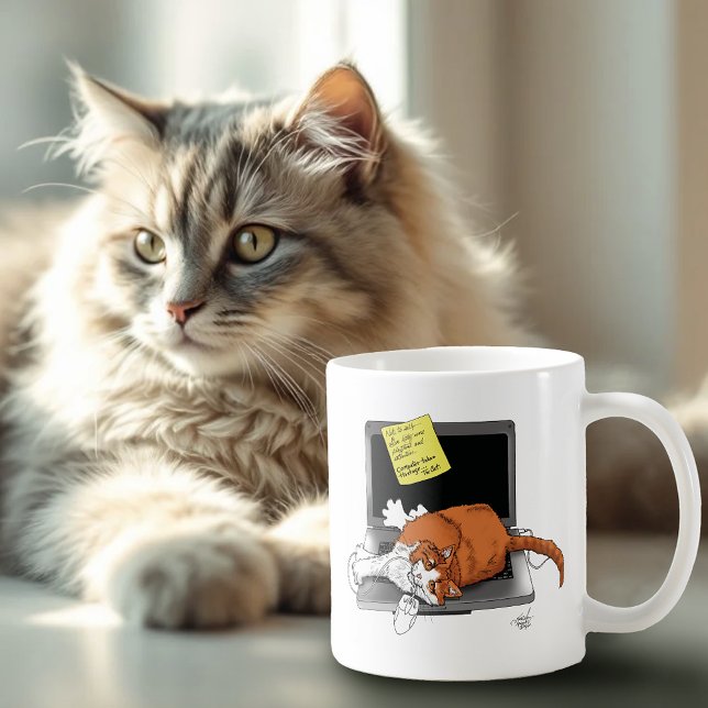 Orange Katt Rolig Bärbar Dator Grön Arbete Hemma Kaffemugg (Skapare uppladdad)