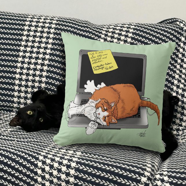Orange Katt Rolig Bärbar Dator Grön Arbete Hemma Kudde (Skapare uppladdad)