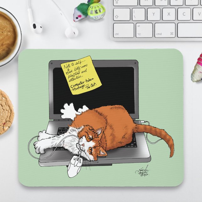 Orange Katt Rolig Bärbar Dator Grön Arbete Hemma Musmatta (Skapare uppladdad)
