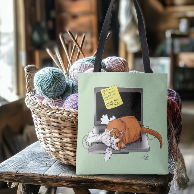 Orange Katt Rolig Bärbar Dator Grön Arbete Hemma Tygkasse (Skapare uppladdad)