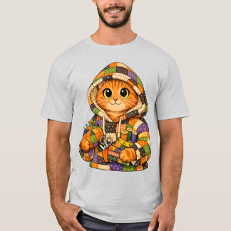 Orange katt som bär upcycled filt-hoodie T-shirt
