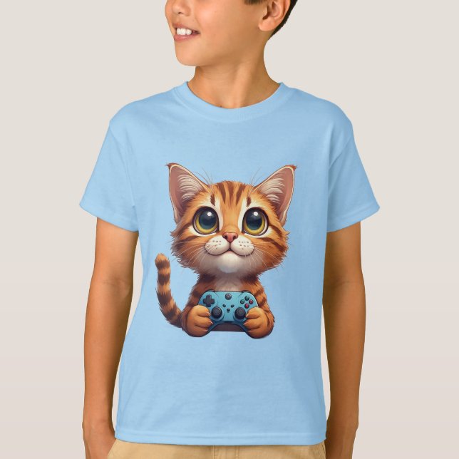 Orange katt som håller spelkontroll Spelkatt T Shirt (Framsida)