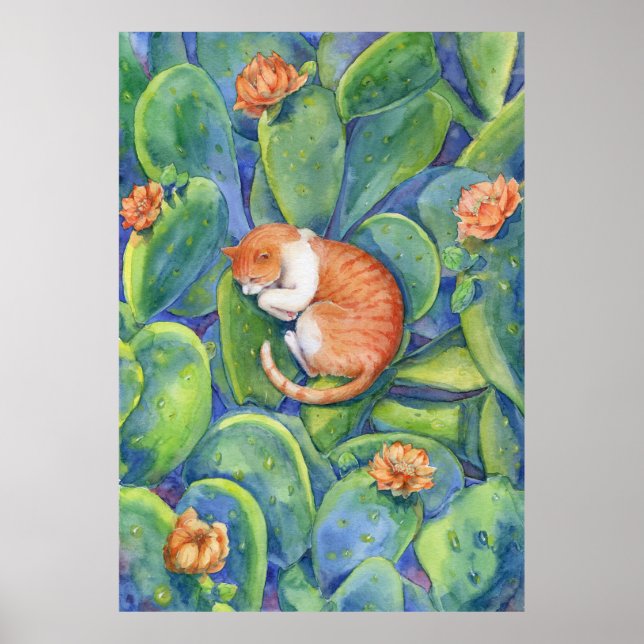 Orange katt sover bland opuntia konst poster (Framsidan)