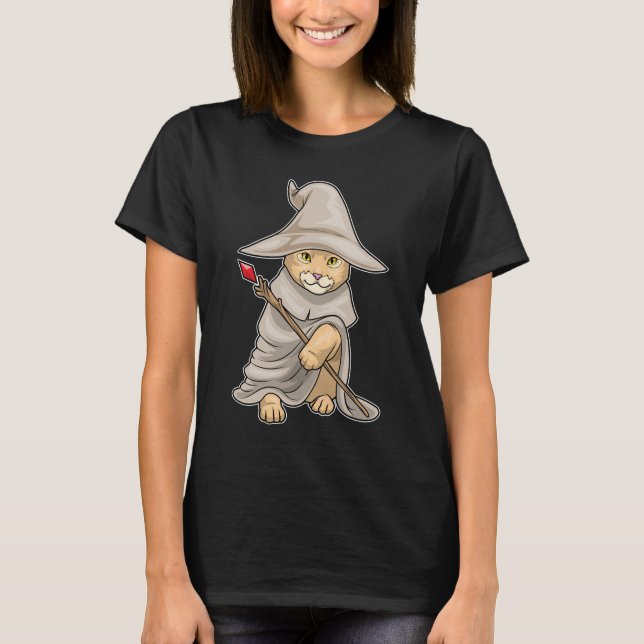 Orange katt Trollkarl Magisk stav T Shirt (Framsida)
