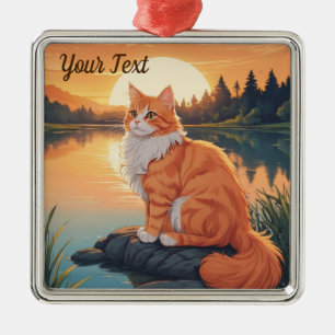 Orange katt vid sjö julgransprydnad metall