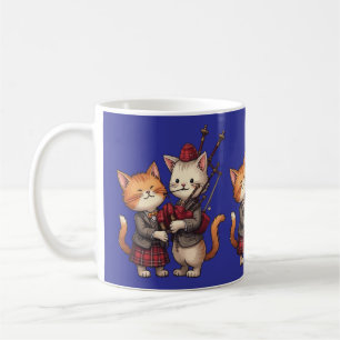 Orange katter som spelar säckpipa och bär rutig mö kaffemugg