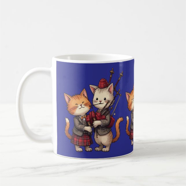 Orange katter som spelar säckpipa och bär rutig mö kaffemugg (Vänster)