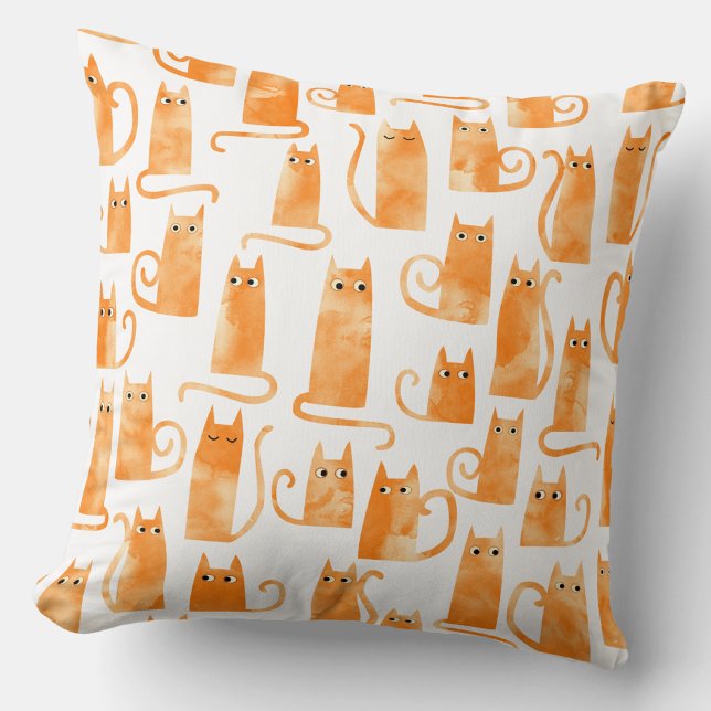 Orange Kattmönster Kudde (Orange ginger cat watercolor pattern throw pillow)