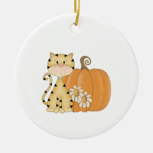 Orange kattunge med pumpa julgransprydnad keramik