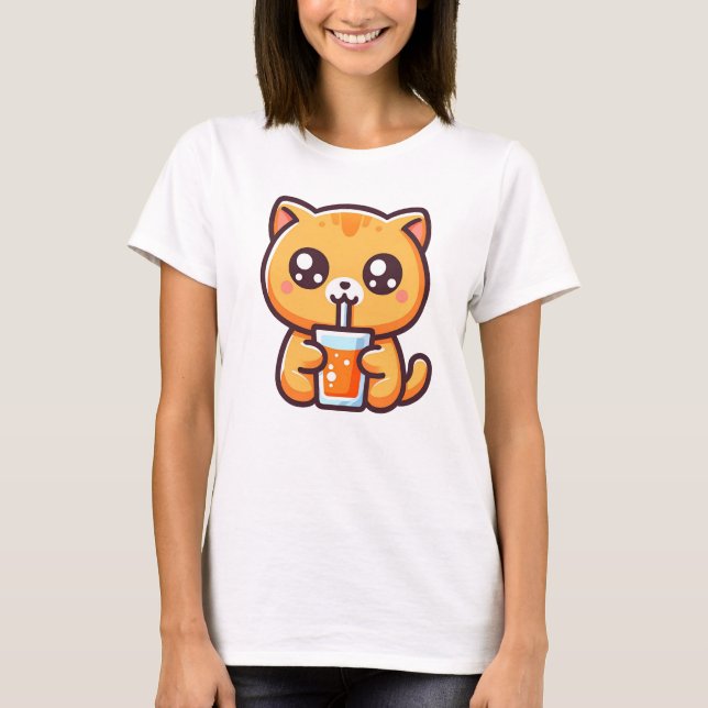 Orange Katze trinkt Orangensaft T Shirt (Framsida)