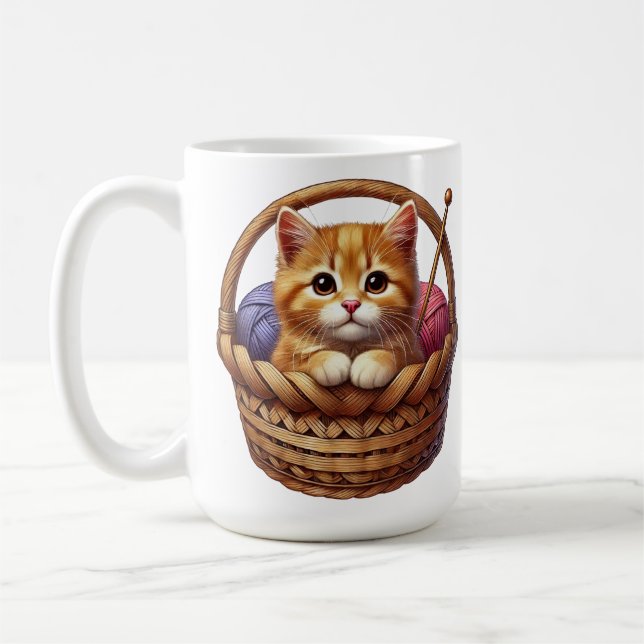 Orange Kitten i Basket med garn Kaffemugg (Vänster)