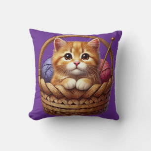 Orange Kitten i Basket med garn Kudde