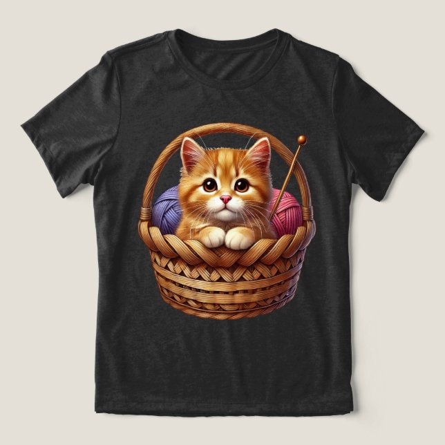 Orange Kitten i Basket med garn T Shirt (Design Framsida)