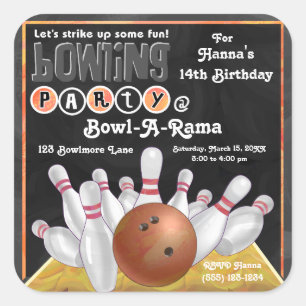 Orange klistermärke för bowlingpartyinbjudan