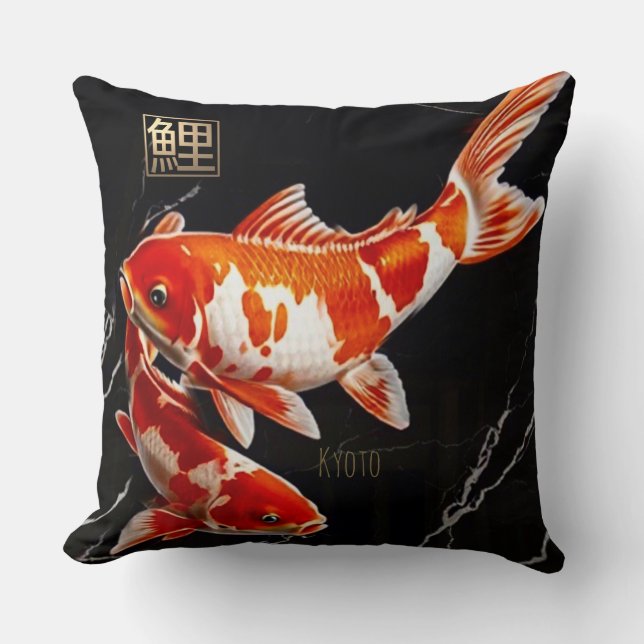 Orange Koi Fish|Black Marble|Guld|Dekorativ kudde (Framsida)