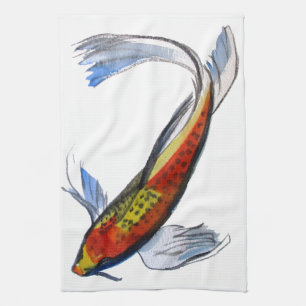 Orange Koi Japansk vattenfärgskarp konst Kökshandduk