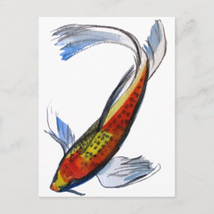 Orange Koi Japansk vattenfärgskarp konst Vykort