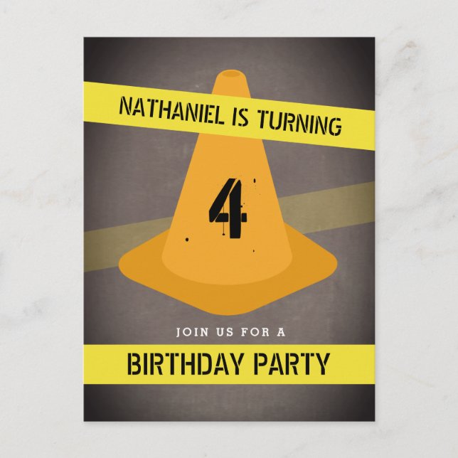 Orange Kone Caution Tape Construction Birthday Inbjudan Vykort (Framsida)