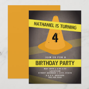 Orange Kone Caution Tape Construction Birthday Inbjudningar