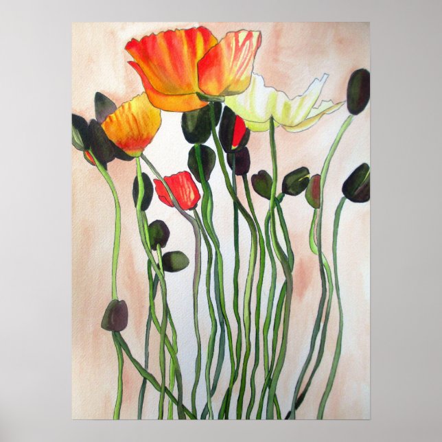 Orange Kopiera originalvattenfärgsblomma Poster (Framsidan)
