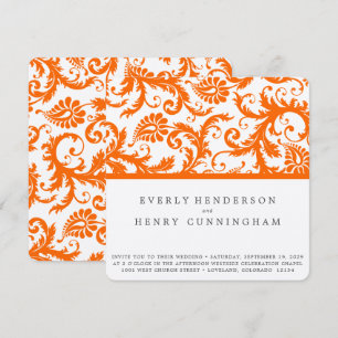 Orange Korall Terrakotta Damask Bröllop Inbjudningar