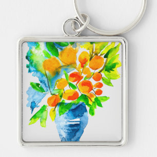 Orange kumquat frukt, konst, vattenfärg fyrkantig silverfärgad nyckelring