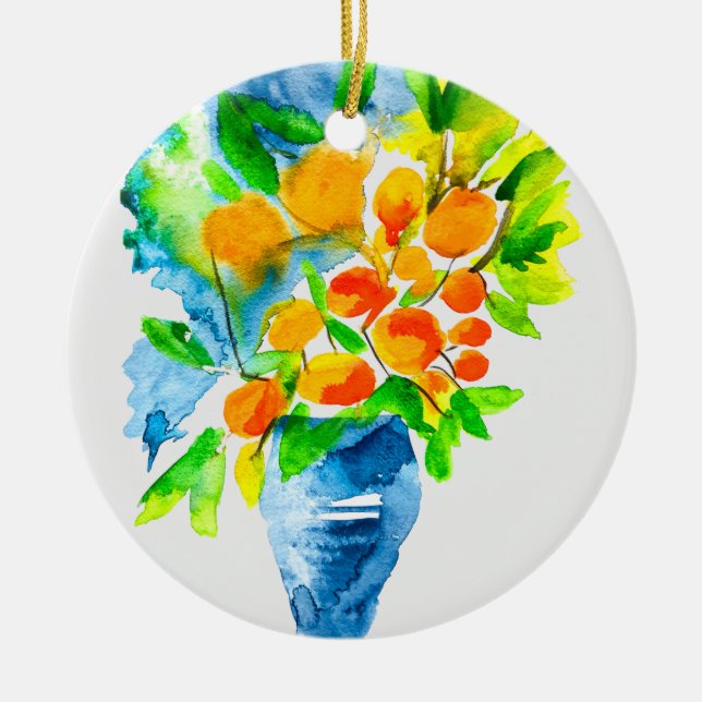Orange kumquat frukt, konst, vattenfärg julgransprydnad keramik (Framsidan)