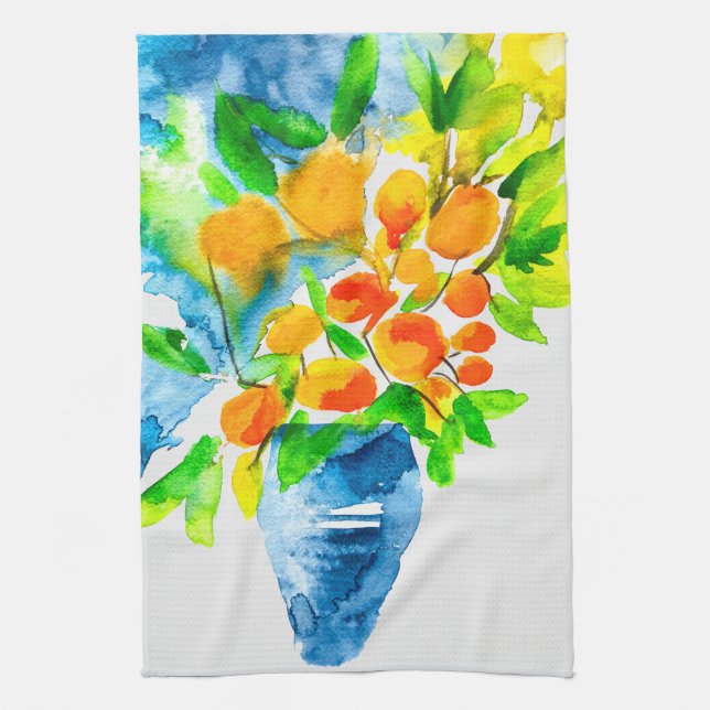 Orange kumquat frukt, konst, vattenfärg kökshandduk (Vertikal)