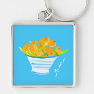 Orange kumquats vattenfärgsfrukt fyrkantig silverfärgad nyckelring