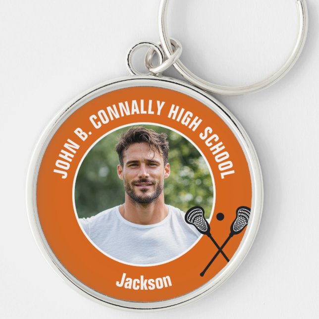 Orange Lacrosse Spelar Foto Högstadiet Rund Silverfärgad Nyckelring (Framsidan)