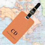 Orange, lädermonogram namn bagagebricka<br><div class="desc">Orange faux-läder skrivs ut som bakgrund. Anpassa och lägg till ditt monogram brev och fullt namn på framsidan. Din kontaktinformation på baksidan. Svart text.</div>